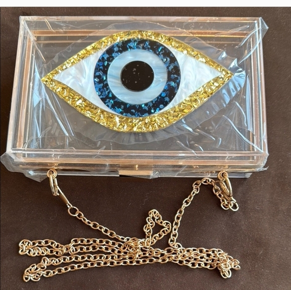 Handbags - Clear Acrylic Evil Eye Clutch with Gold Chain